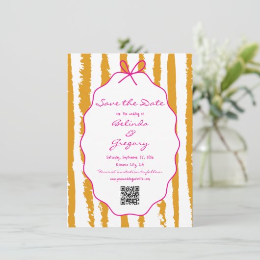 Whimsical Stripes Handwritten Painted Wedding Save The Date (Stehend Vorderseite)