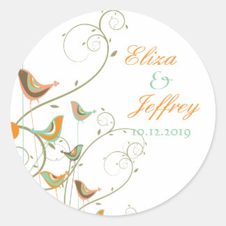 Whimsical Summer Birds Wirbel Niedlich Hochzeitsti Runder Aufkleber