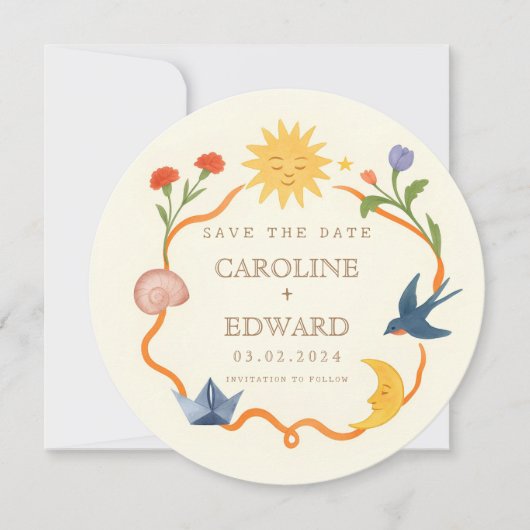 Whimsical Sun and Moon Round Save the Date Einladung (Vorderseite)