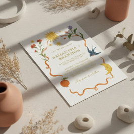 Whimsical Sun & Moon Floral Gold Foil Wedding Folieneinladung