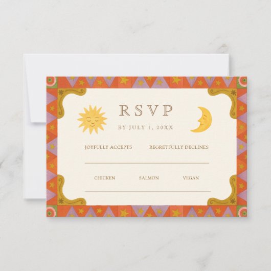 Whimsical Sun & Moon Funky Border Wedding RSVP (Vorderseite)