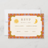 Whimsical Sun & Moon Funky Border Wedding RSVP Karte (Vorderseite)