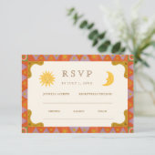 Whimsical Sun & Moon Funky Border Wedding RSVP Karte (Stehend Vorderseite)