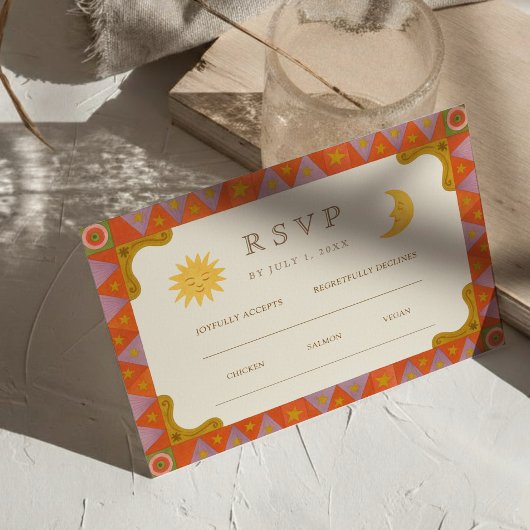 Whimsical Sun & Moon Funky Border Wedding RSVP Karte