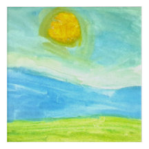 Whimsical Sun: Naive Art Watercolor Landscape
