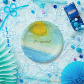 Whimsical Sun Watercolor "Bon Appetit" Paper Plate Pappteller