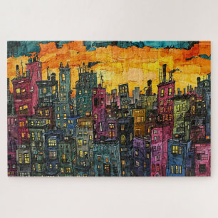 Whimsical Sunset City - Wasserfarbe Puzzle