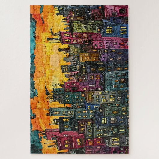 Whimsical Sunset City - Wasserfarbe Puzzle (Vertikal)