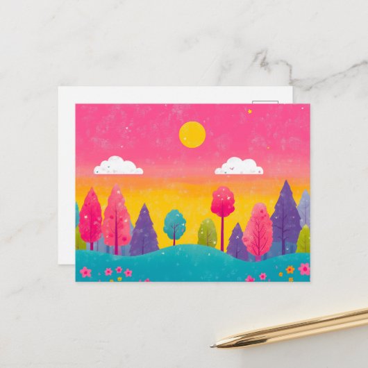 Whimsical Sunset Forest Postcard Postkarte (Vorderseite/Rückseite Beispiel)