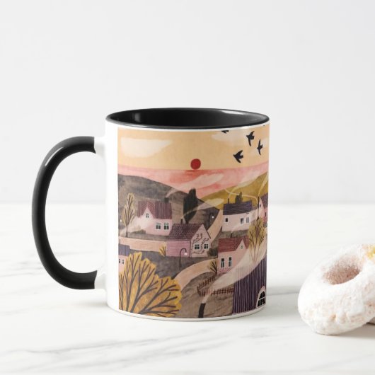 Whimsical Sunset Village Mug Tasse (Mit Donut)