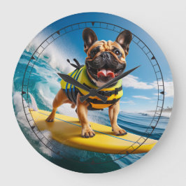 Whimsical surfing French Bulldog Große Wanduhr