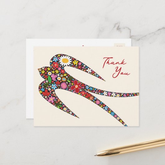 Whimsical Swallow Bird farbenfrohe Frühlingsblumen Postkarte (Vorderseite/Rückseite Beispiel)