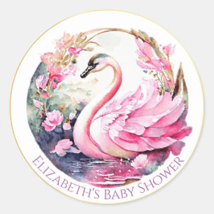 Whimsical Swan Baby Shower Round Stickers