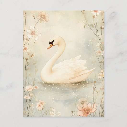 Whimsical Swan mit Blume Illustration Postkarte (Vorderseite)