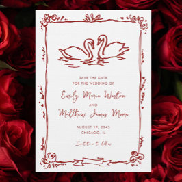 Whimsical Swans Doodle Love Birds Red Wedding Save The Date