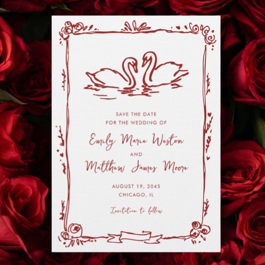Whimsical Swans Doodle Love Birds Red Wedding Save The Date