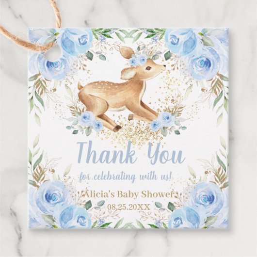 Whimsical Sweet Deer Blue Floral Baby Dusche Geschenkanhänger (Vorderseite)