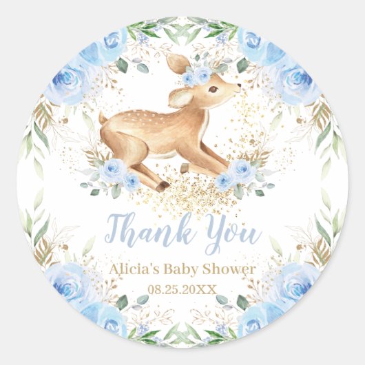 Whimsical Sweet Deer Blue Floral Baby Dusche Runder Aufkleber (Vorderseite)