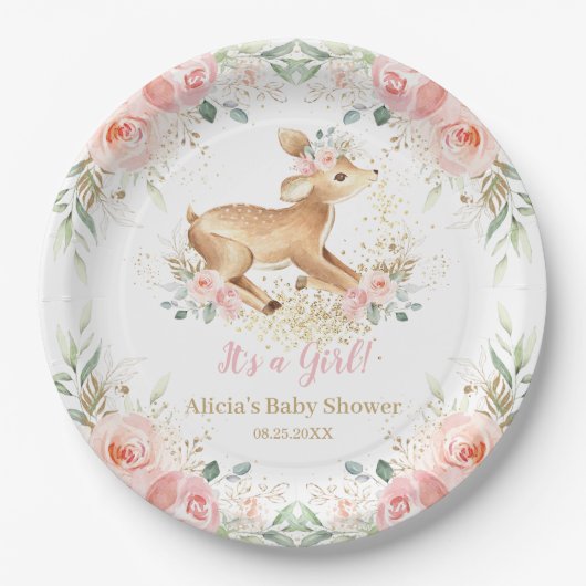 Whimsical Sweet Deer Blush Floral Baby Dusche Pappteller (Vorderseite)