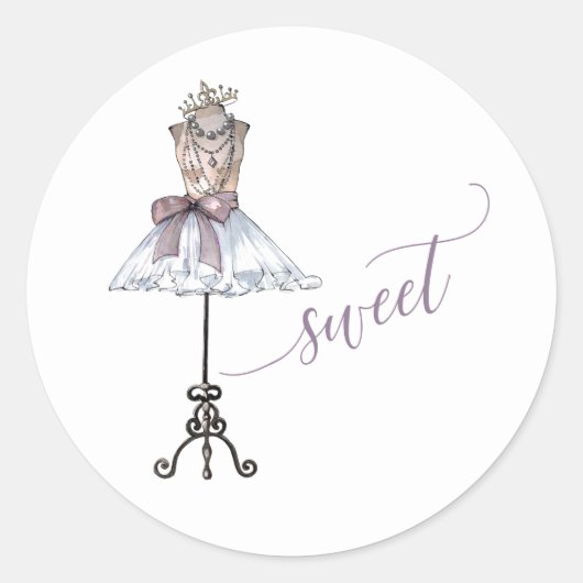 Whimsical "Sweet" Mannequin mit Tutu Runder Aufkleber (Vorderseite)