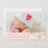 Whimsical Sweet Pink Blooms Baby Girl Foto Birth Ankündigung (Vorderseite)