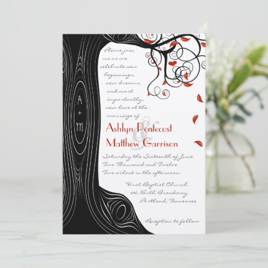 Whimsical Swirl Black & Red Birds in einem Baum Einladung (Stehend Vorderseite)