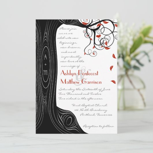 Whimsical Swirl Black & Red Birds in einem Baum Einladung (Stehend Vorderseite)