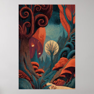Whimsical Swirl Wald Rot Türkis Fantasy Landschaft Poster