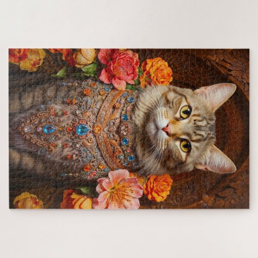 Whimsical Tabby mit schönen Schmuck und Blume Puzzle (Horizontal)
