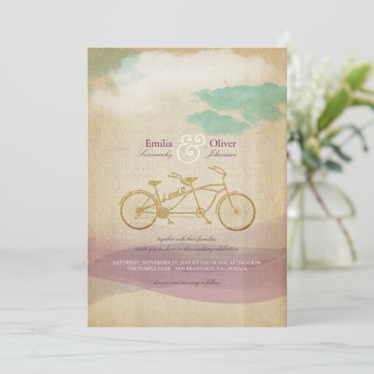 Whimsical Tandem Bicycle Watercolor Hochzeitsempfa Einladung (Stehend Vorderseite)