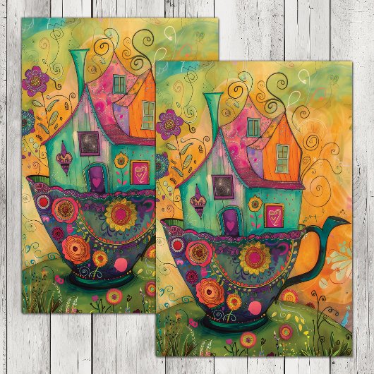 WHIMSICAL TEA CUP HOUSE DECOUPAITE SEIDENPAPIER