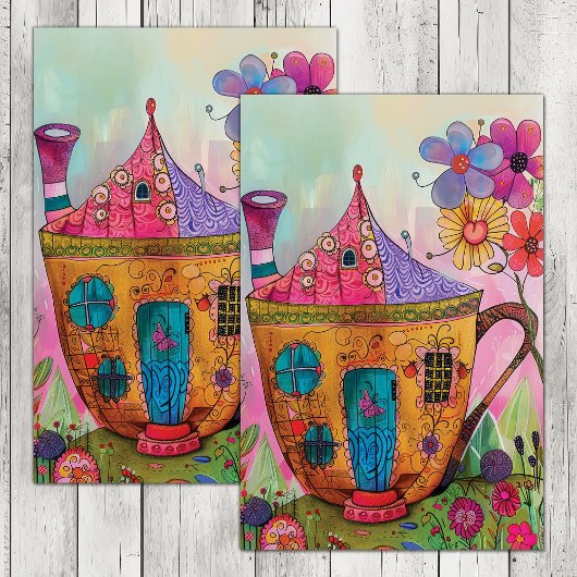 WHIMSICAL TEA CUP HOUSE DECOUPAITE SEIDENPAPIER