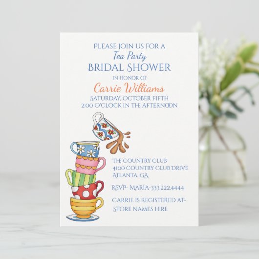 Whimsical Tea Cups Bridal Dusche Einladung (Stehend Vorderseite)