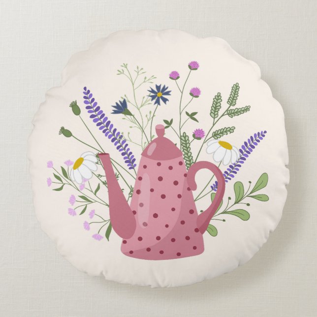 Whimsical Tea Time Doodle Throw Pillow Rundes Kissen (Vorderseite)