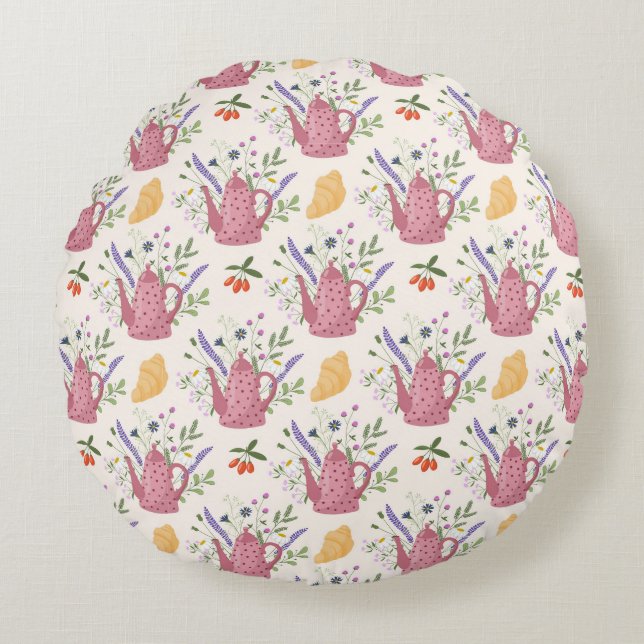 Whimsical Tea Time Doodle Throw Pillow Rundes Kissen (Vorderseite)