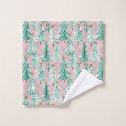 Whimsical Teal Christmas Trees on Pink Badhandtuch Set (Waschlappen)