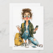 Whimsical Tech-Overload Girl Chaos Einladung (Vorne/Hinten)