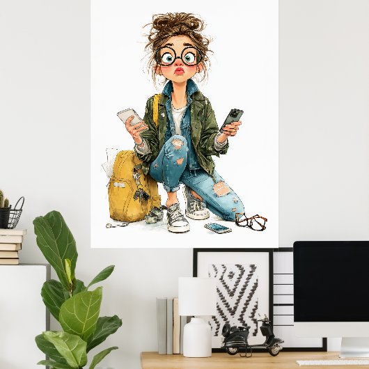 Whimsical Tech-Overload Girl Chaos Poster (Heimbüro)