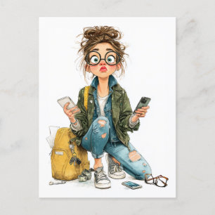 Whimsical Tech-Overload Girl Chaos Postkarte