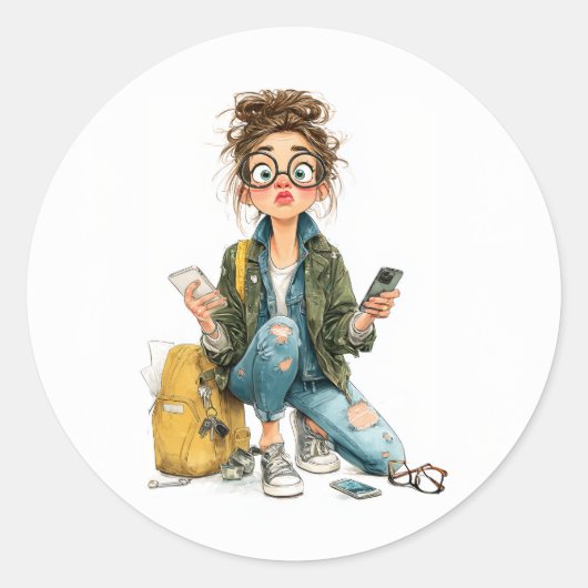 Whimsical Tech-Overload Girl Chaos Runder Aufkleber (Vorderseite)