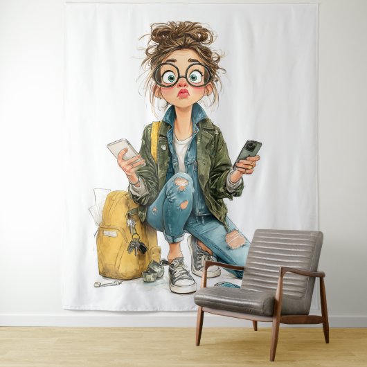 Whimsical Tech-Overload Girl Chaos Wandteppich (Beispiel)