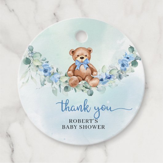 Whimsical Teddy Bär dusty blue floral eucalyptus Geschenkanhänger (Vorderseite)