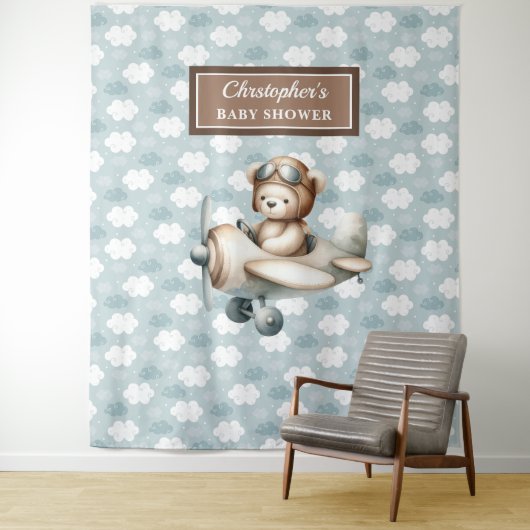 Whimsical Teddy Bär Pilot Baby Dusche Hintergrund Wandteppich (Beispiel)