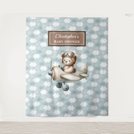 Whimsical Teddy Bär Pilot Baby Dusche Hintergrund Wandteppich (Vorderseite)