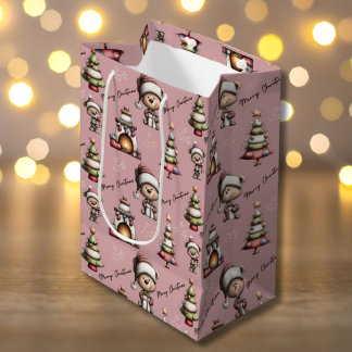 Whimsical Teddy Bear Christmas Pink Background Mittlere Geschenktüte