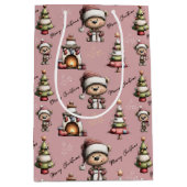 Whimsical Teddy Bear Christmas Pink Background Mittlere Geschenktüte (Vorderseite)