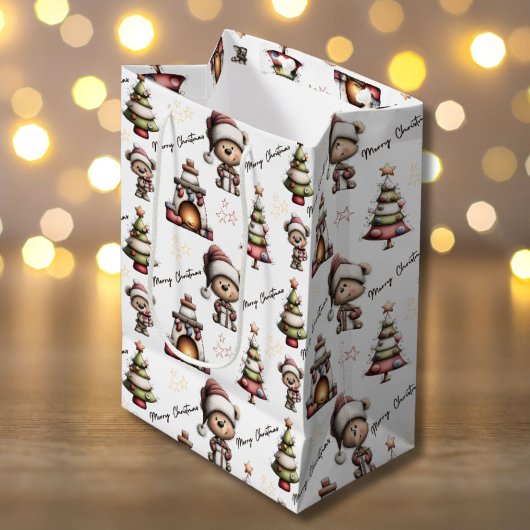 Whimsical Teddy Bear Christmas White Background Mittlere Geschenktüte