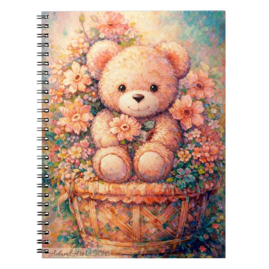 Whimsical Teddy Bear in Floral Basket Pastel Art Notizblock (Vorderseite)