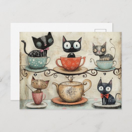 Whimsical Tee Cup Cats Postkarte (Vorne/Hinten)