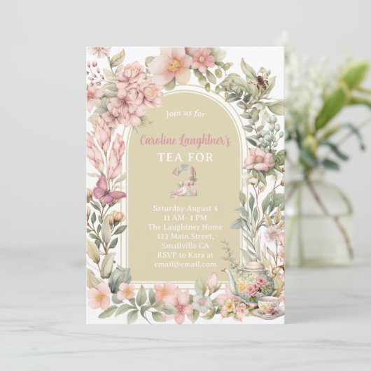 Whimsical Tee für zwei Wildblumen Garten Geburtsta Einladung (Stehend Vorderseite)